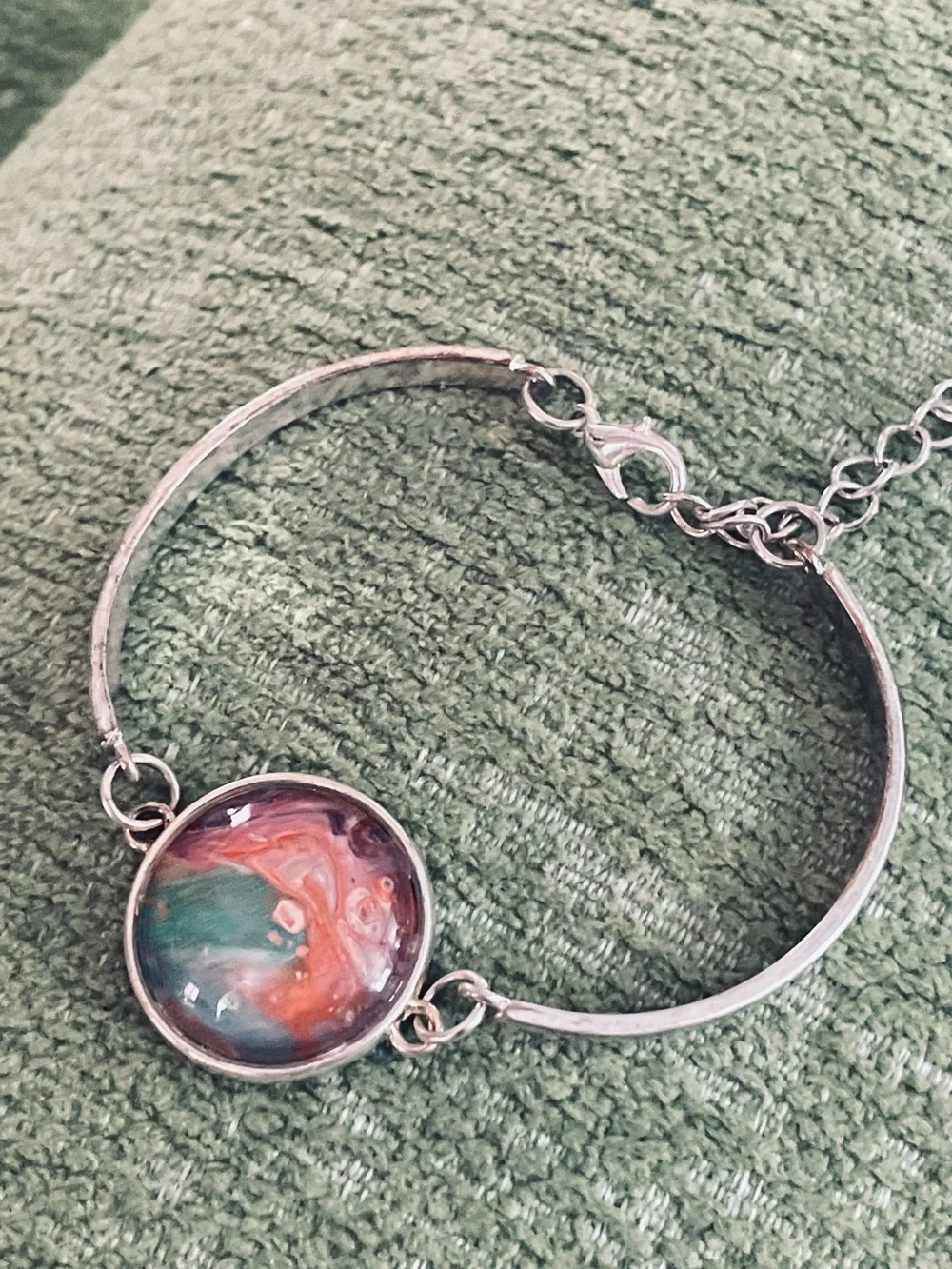 Handcrafted Silver Bracelet with Coral and Teal Glass Cabochon